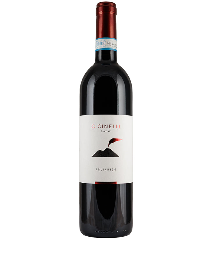 Cicinelli Aglianico Sannio DOP 2021 bottle of fine Italian red wine with minimalist white label and red foil cap