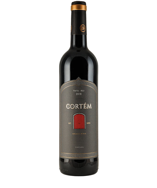 Cortem Tinto 2018 bottle with dark label featuring red door illustration and gold accents