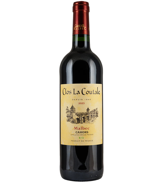 Clos la Coutale Cahors Malbec 2023 bottle of fine organic red wine from South West France with classic label design