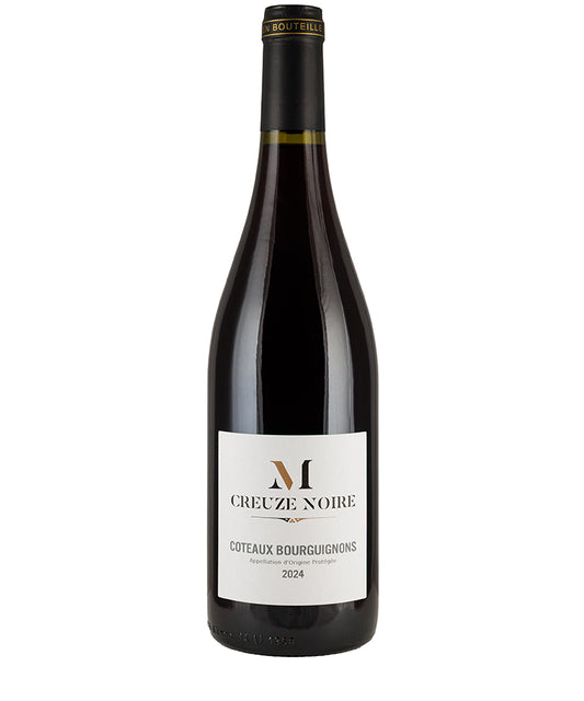 Bottle of Domaine de la Creuze Noire Coteaux Bourguignons 2024 red wine with white label and black capsule