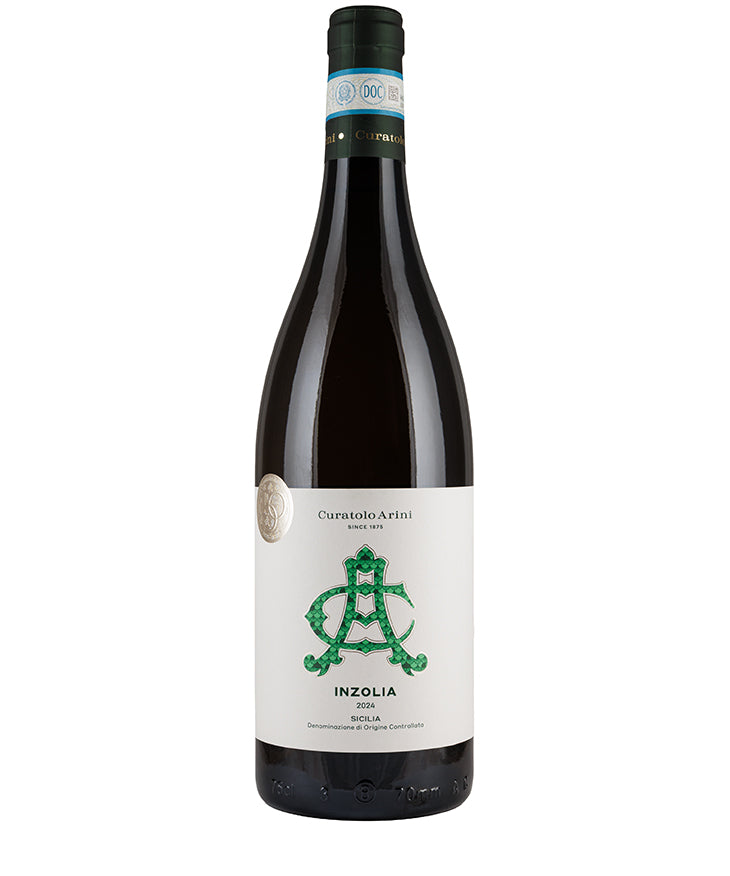 Curatolo Arini Inzolia 2024 bottle of organic Sicilian white wine with green emblem on elegant white label
