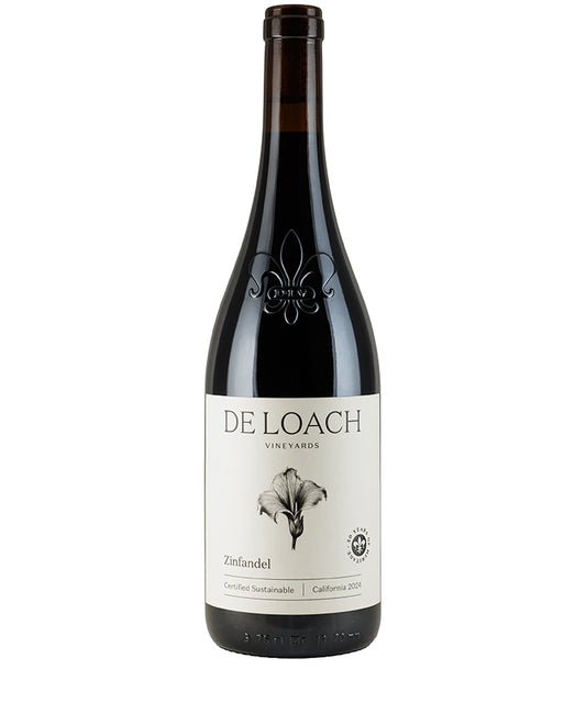 Bottle of De Loach Heritage Reserve Zinfandel 2024 with white label and black fleur-de-lis logo