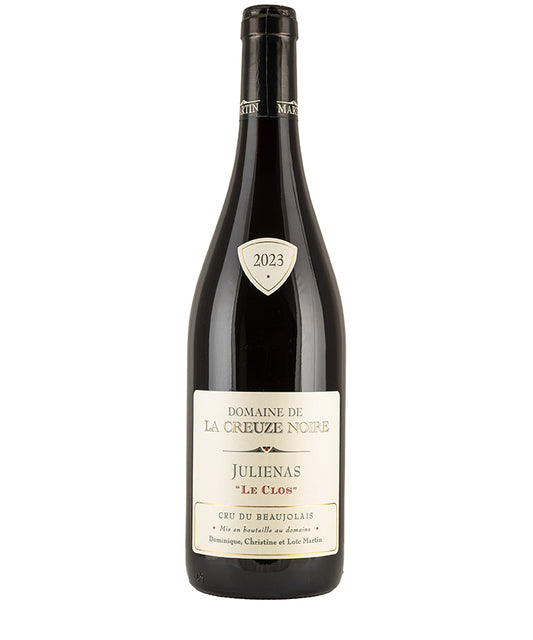 Domaine de la Creuze Noire Julienas 2023 bottle of red wine with floral and berry aromas from Beaujolais France