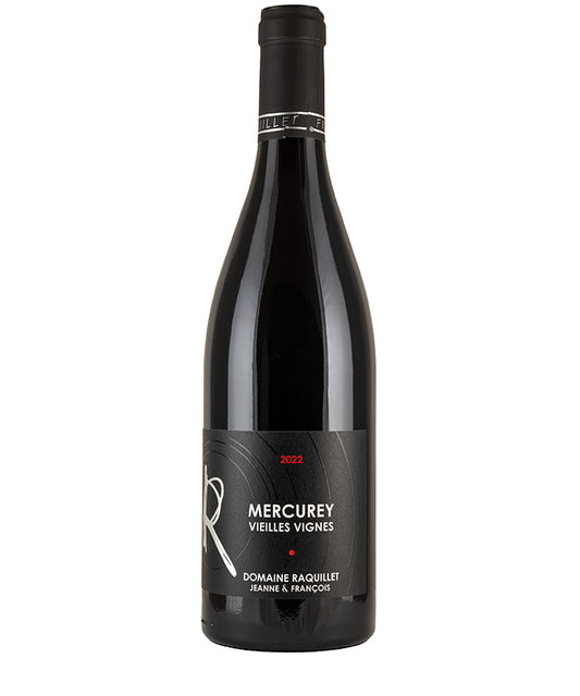 Bottle of Domaine Raquillet Mercurey Vieilles Vignes 2022 red wine from Burgundy, France, with black label.