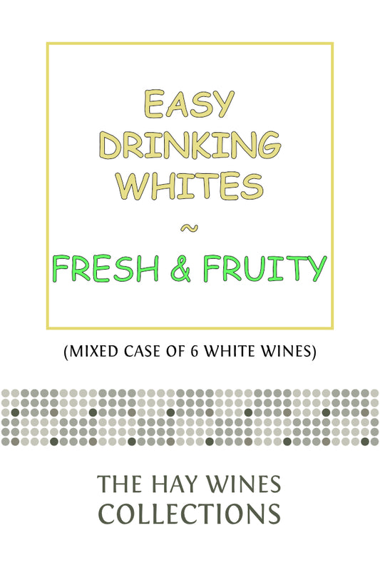 Elegant label for FRESH & FRUITY White Wines by Hay Wines featuring easy drinking mixed white wines pack