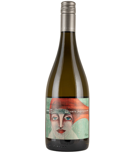 Bottle of Inspiracion White Blend Bodega Estampa 2021 fine wine with artistic label and silver cap
