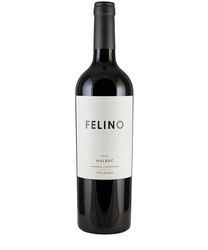 Vina Cobos Felino Malbec 2024 bottle of red wine with a simple white label on a white background