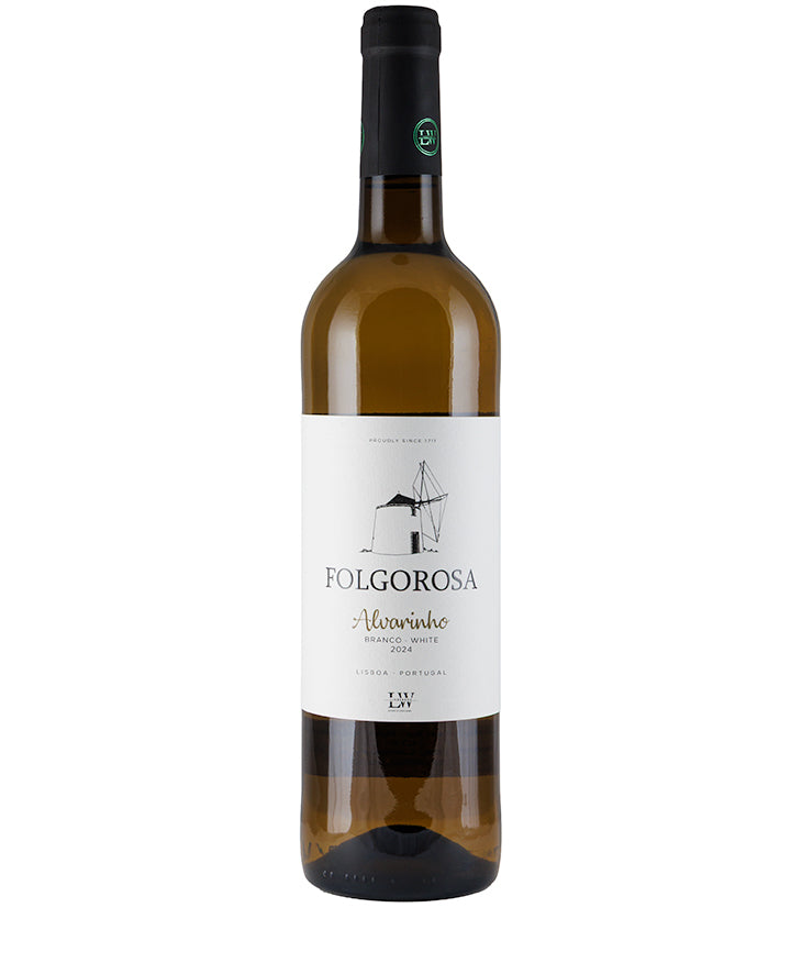 Bottle of Folgorosa Alvarinho Branco 2024 white wine from Portugal with a minimalist label design.