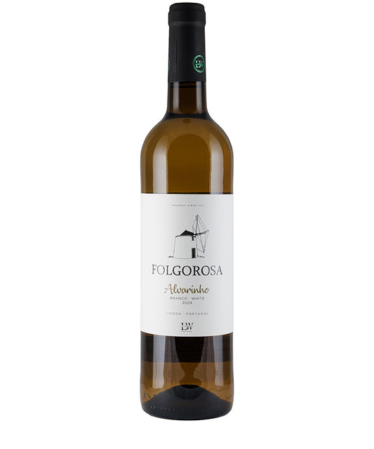 Bottle of Folgorosa Alvarinho Branco 2024 white wine from Portugal with a minimalist label design.