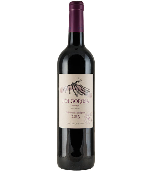 Bottle of Folgorosa Cabernet Sauvignon 2015 red wine with label showing vineyard illustration
