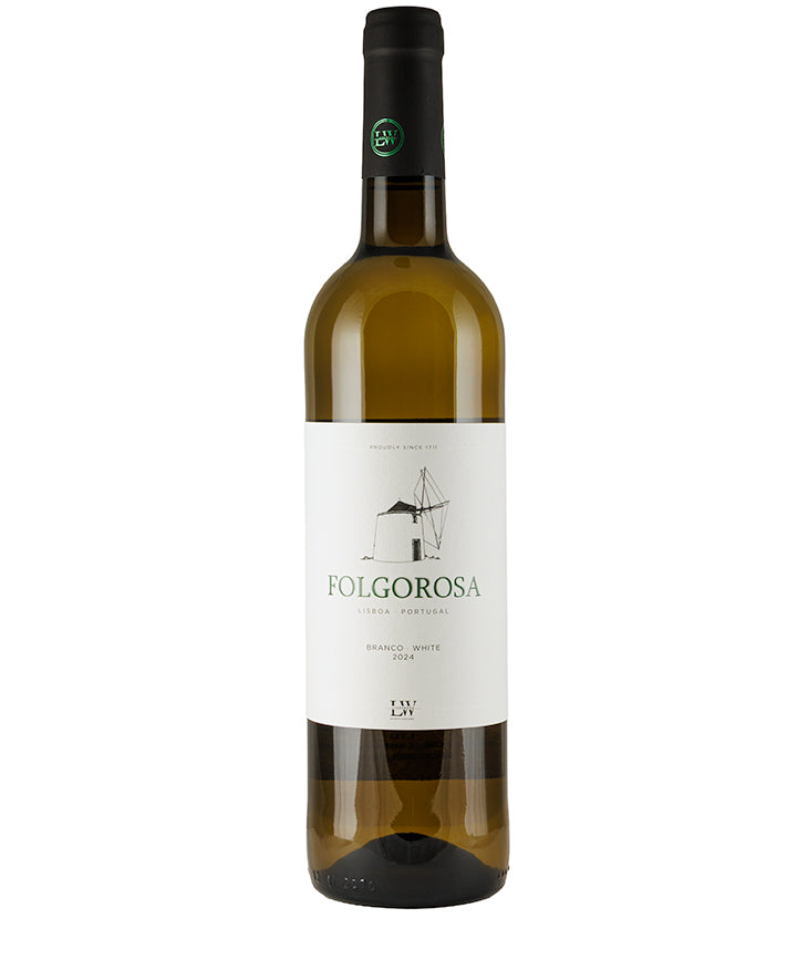 Bottle of Folgorosa Branco 2024 white wine from Portugal with minimalist label and black capsule top