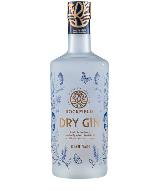 Rockfield Dry Gin spirit from Hereford with botanical design on frosted bottle – spirit bottle image