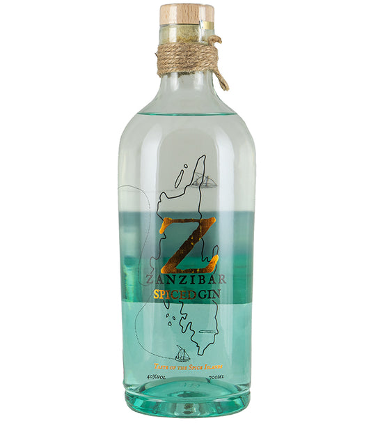 Zanzibar Spiced Gin bottle with cork top and decorative rope, featuring island map label on clear glass.