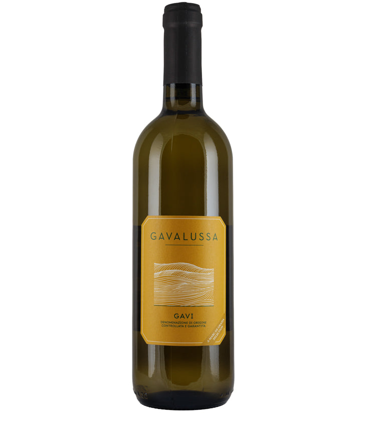 Gavalussa Gavi 2025 white wine bottle with golden label and dark glass bottle