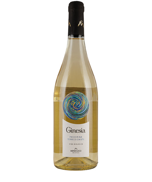 Menicucci Ginesia Passerina 2024 organic white wine bottle with pale yellow color and artistic label design