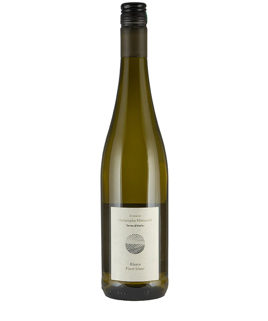 Bottle of Christophe Mittnacht Pinot Blanc Cuvee Vegane 2023 organic wine from Alsace, France with sleek label