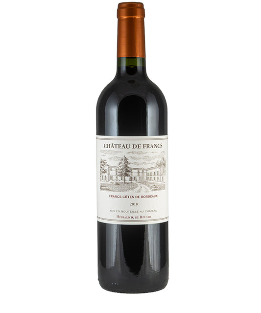 Bottle of Chateau de Francs Bordeaux Cotes de Francs 2018 red wine with detailed label and copper foil top