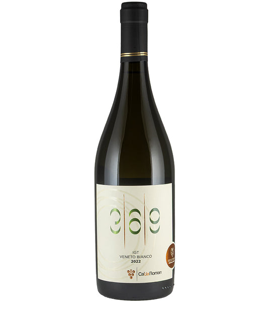 Bottle of Ca' da Roman 3|6|9 Veneto IGT 2022 white wine with minimalist label design on white background