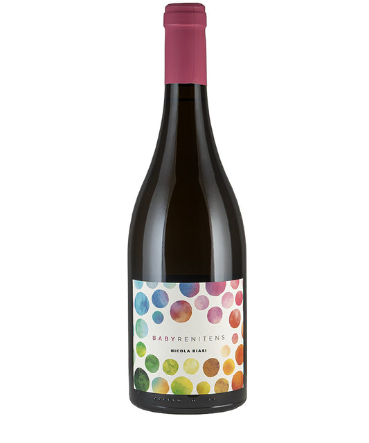 Nicola Biasi Baby Renitens 2022 wine bottle with colorful dotted label and red cap, fine Italian white wine.