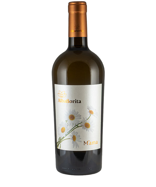 Bottle of Albafiorita M'ama 2022 organic white wine with floral label design and copper foil top