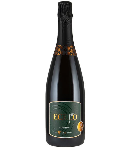 Bottle of Ca' da Roman Ecelo I Extra Brut 2021 sparkling wine with dark label and foil top against white background