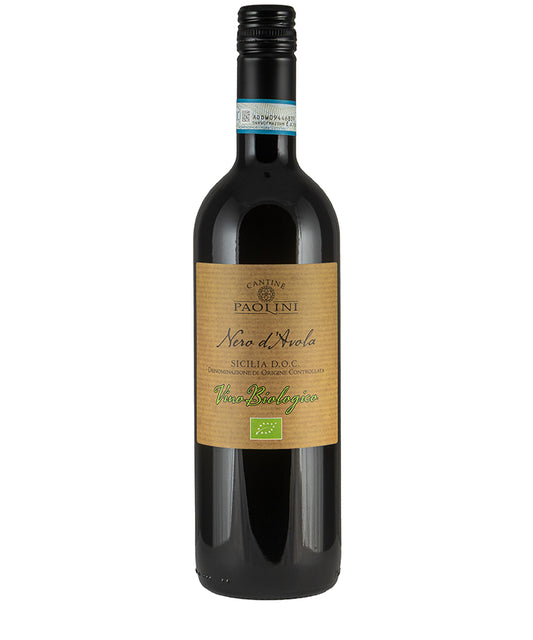 Cantine Paolini Nero d'Avola Bio 2024 organic red wine bottle from Sicily with elegant label design