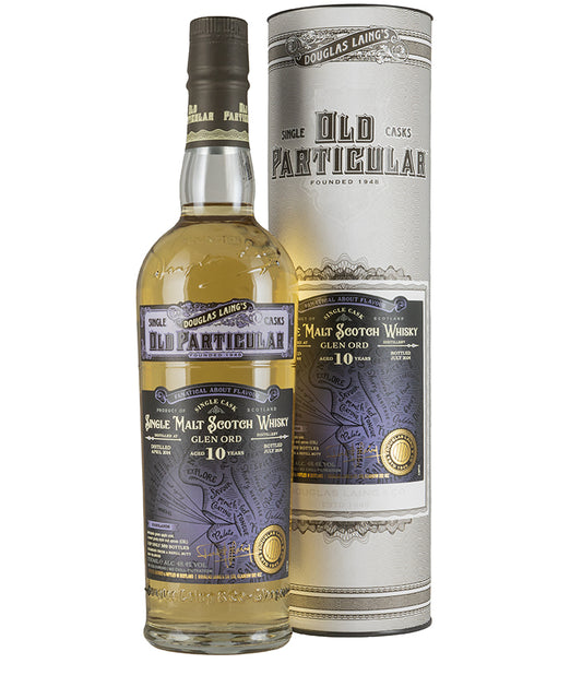 Glen Ord 10 Year Old Old Particular Scotch whisky bottle with matching silver cylindrical packaging