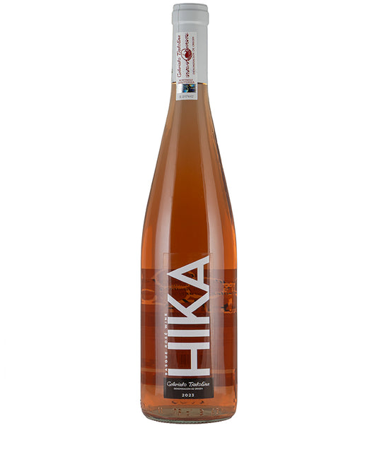 Bottle of Bodega Hika Txakoli Rose 2023 fine wine with elegant minimalist label on white background