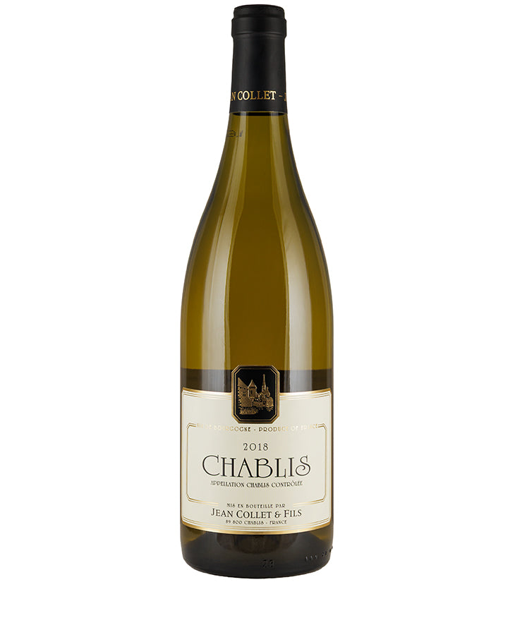 Bottle of Domaine Jean Collet et Fils Chablis 2018 white wine, French wine from Chablis region