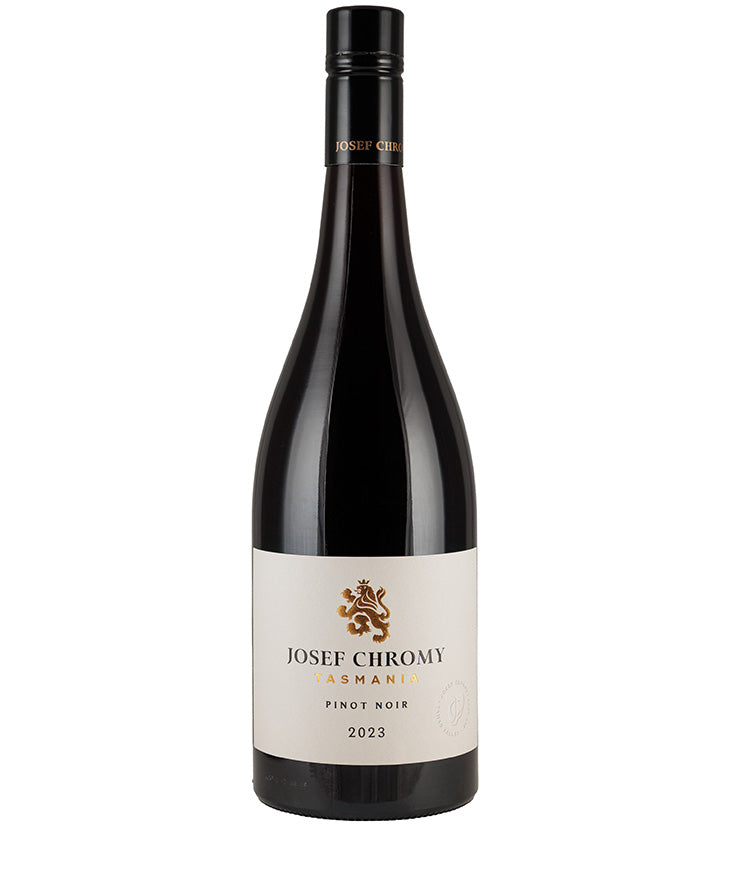Bottle of Josef Chromy Pinot Noir 2023 red wine from Tasmania with a white label and black cap
