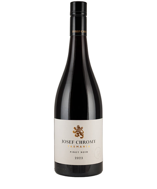 Bottle of Josef Chromy Pinot Noir 2023 red wine from Tasmania with a white label and black cap