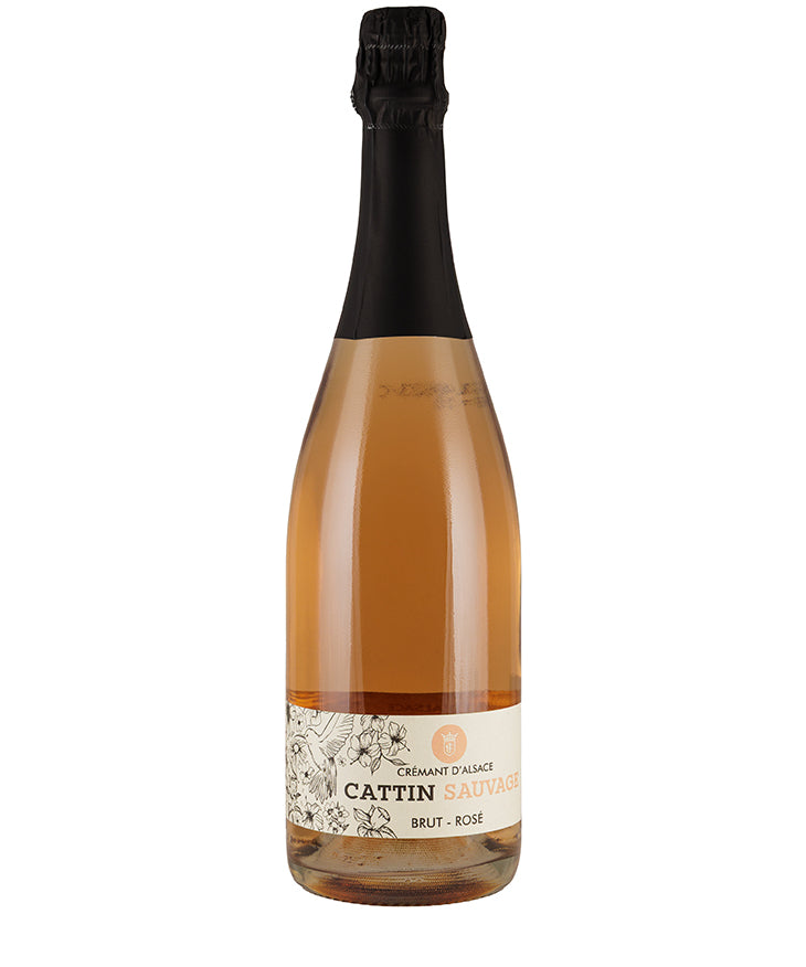 Joseph Cattin Cremant d'Alsace Sauvage Rose NV sparkling rosé wine bottle with floral label design