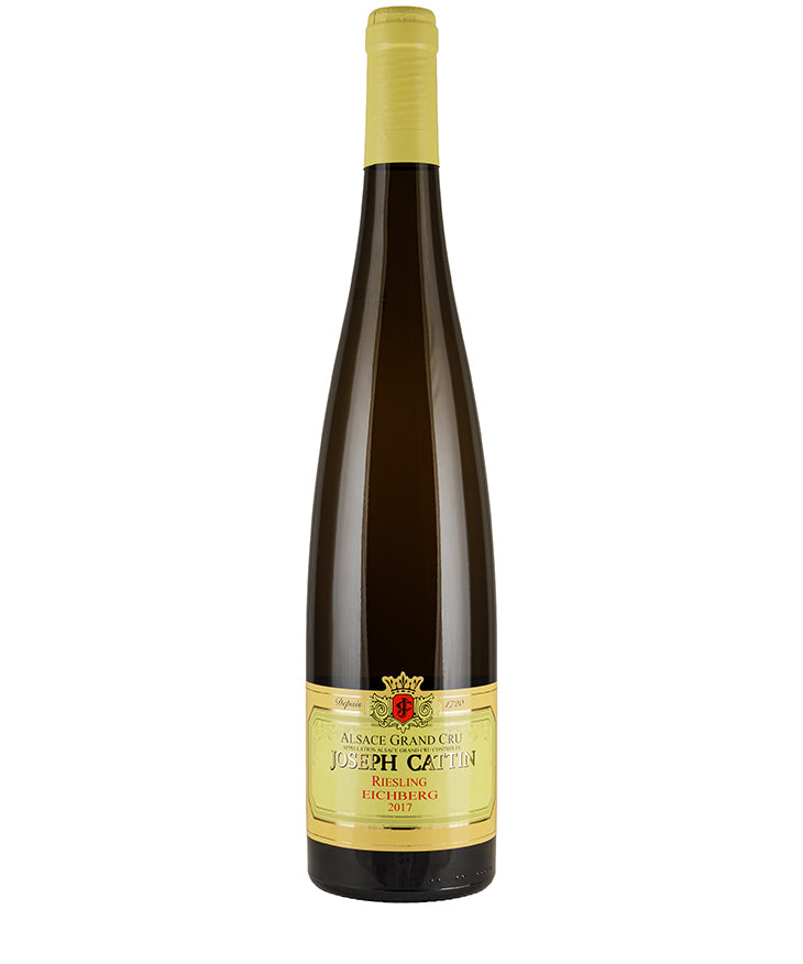 Bottle of Joseph Cattin Riesling Grand Cru Eichberg 2017 white wine with yellow label and cap