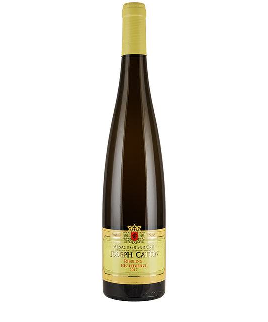 Bottle of Joseph Cattin Riesling Grand Cru Eichberg 2017 white wine with yellow label and cap