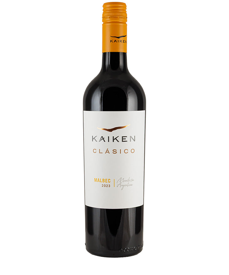 Bottle of Kaiken Clasico Malbec 2023 red wine with orange cap and minimalist white label