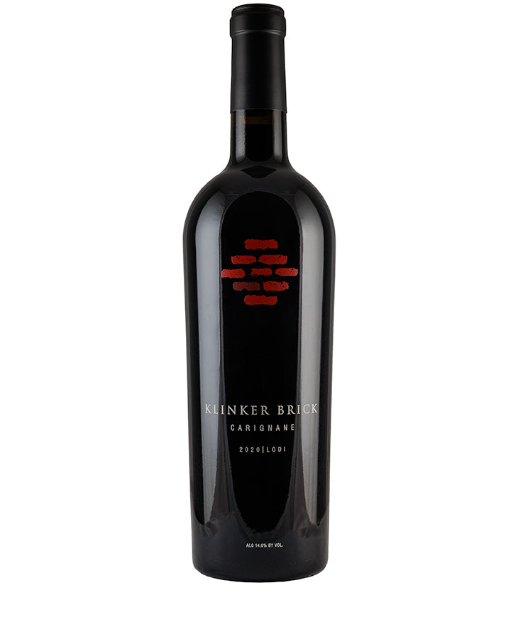 Bottle of Klinker Brick Carignane 2020 red wine from Lodi California with black and red label design