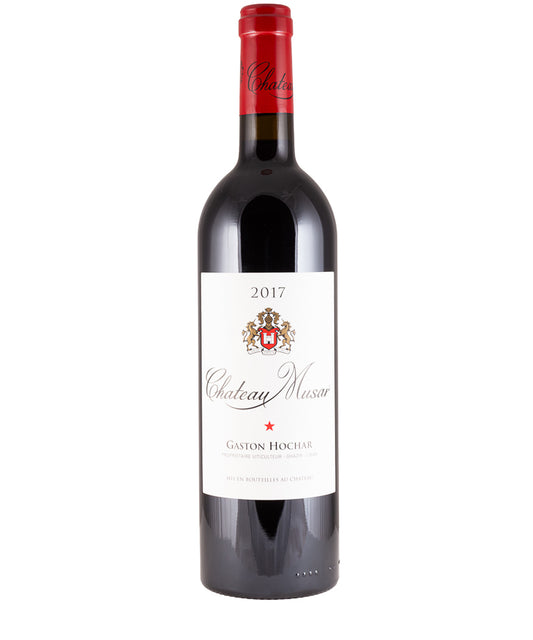Chateau Musar Red 2018 fine wine bottle with red foil capsule and classic white label on white background