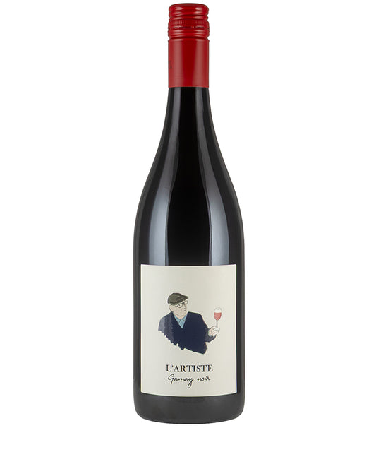 Bottle of Famille Bourgrier L'Artiste Gamay 2024 fine wine with red screw cap and artistic label design