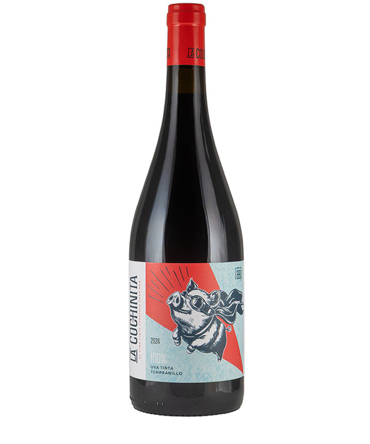 Bottle of Bodegas Oran La Cochinita 2024 red wine with red cap and artistic pig label design