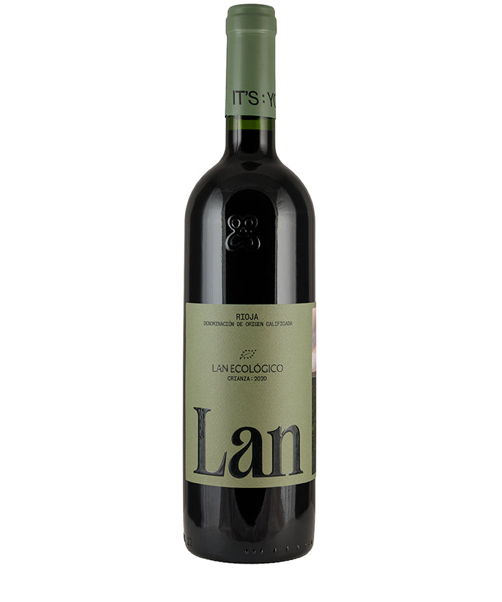 Bottle of Lan Xtreme Organic Rioja Crianza 2020 red organic wine with green label and cap