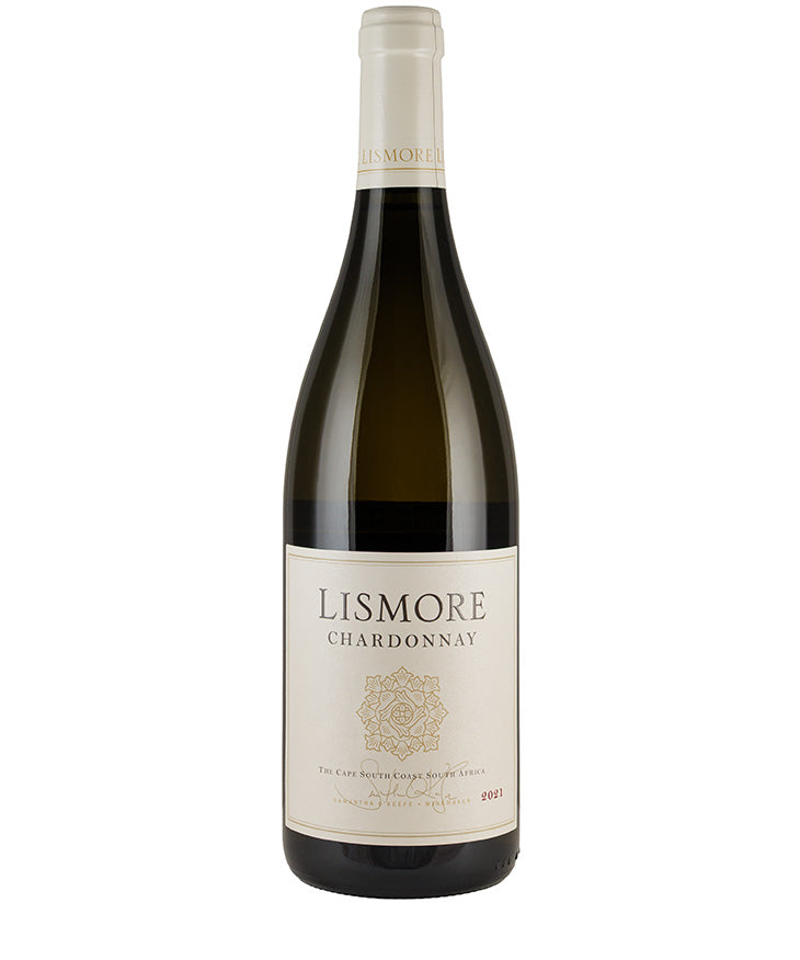 Lismore Chardonnay 2021 bottle with white label and gold detailing, South African white wine.