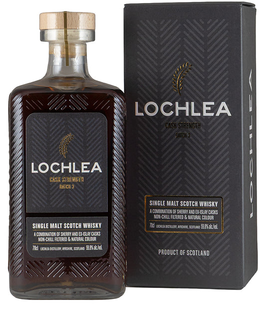 Lochlea Cask Strength Batch 3 Single Malt Whisky bottle with dark amber whisky and elegant black label from Scotland