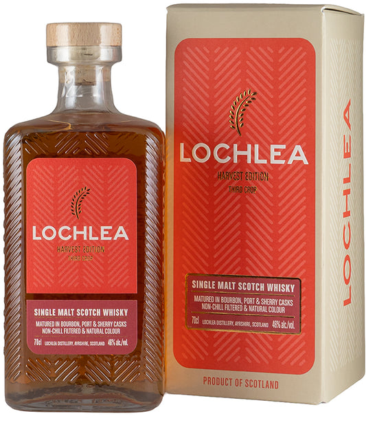 Lochlea Harvest Edition Third Crop Single Malt Whisky bottle with textured glass and orange label from Scotland Lowland