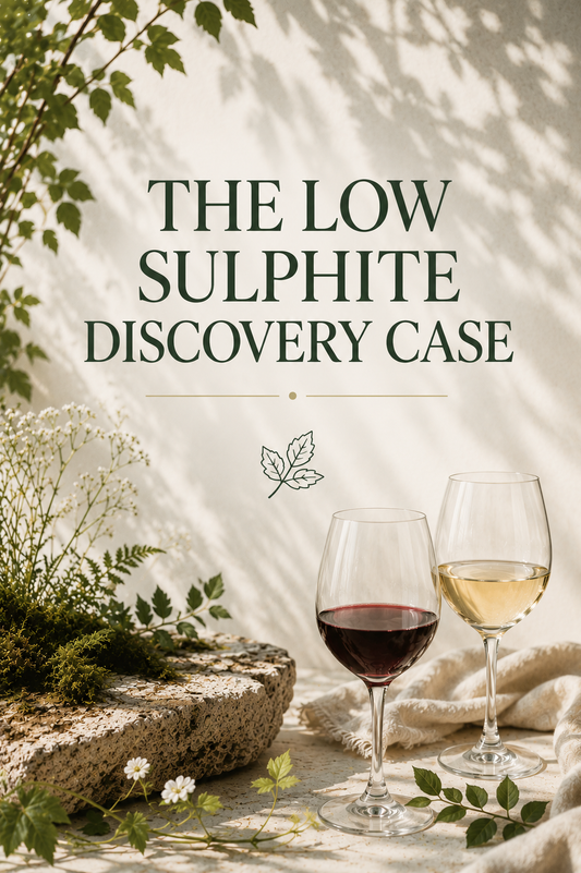 The Low Sulphite Discovery Case text with red and white wine glasses surrounded by greenery and natural light