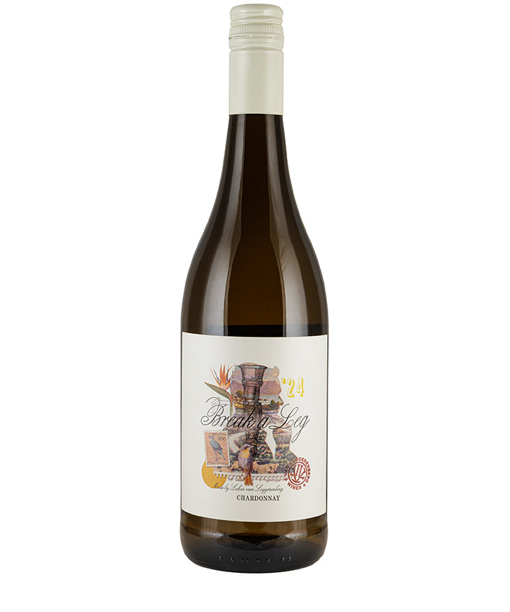 Bottle of Lukas von Loggerenberg Break a Leg Chardonnay 2024 white wine with detailed label artwork