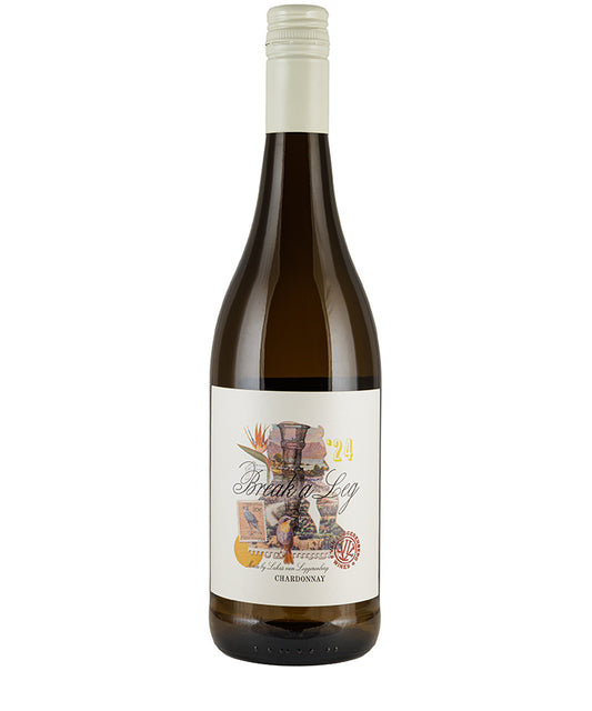 Bottle of Lukas von Loggerenberg Break a Leg Chardonnay 2024 white wine with detailed label artwork