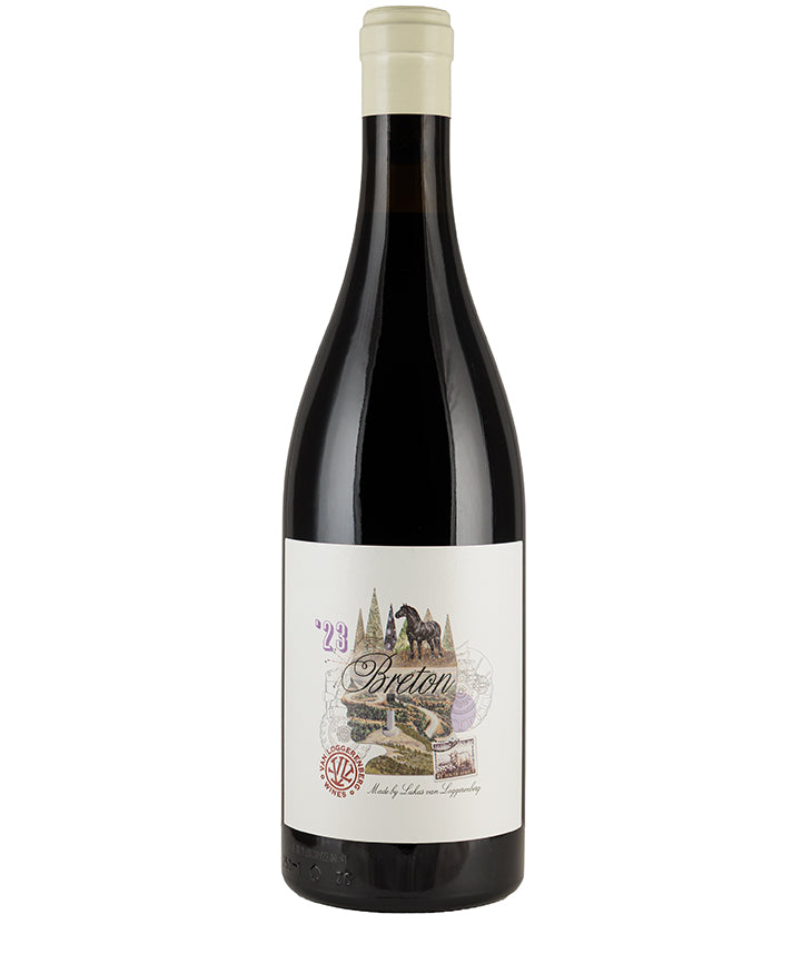 Bottle of Lukas von Loggerenberg Breton Cabernet Franc 2023 red wine with detailed label design.