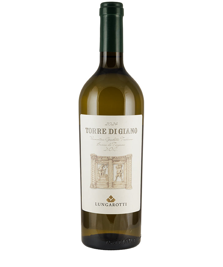 Bottle of Lungarotti Torre di Giano Bianco 2024 white Italian wine with elegant label and green capsule.