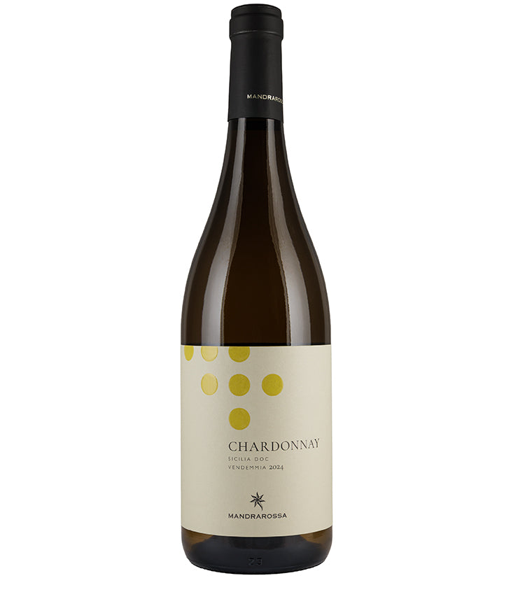 Mandrarossa Chardonnay 2024 bottle of Sicilian white wine with clean label and minimalist yellow dot design