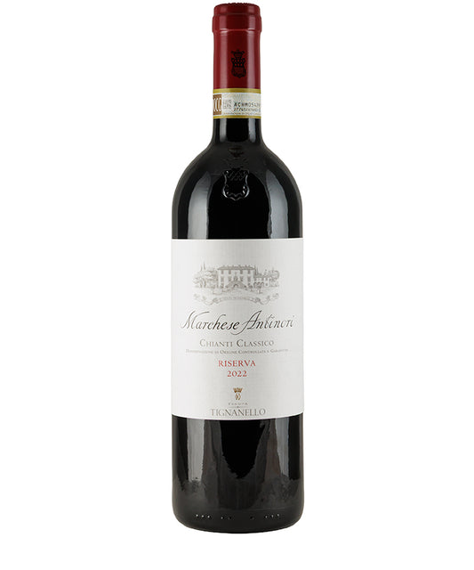Bottle of Marchese Antinori Chianti Classico Riserva 2022 red wine with white label and red foil top